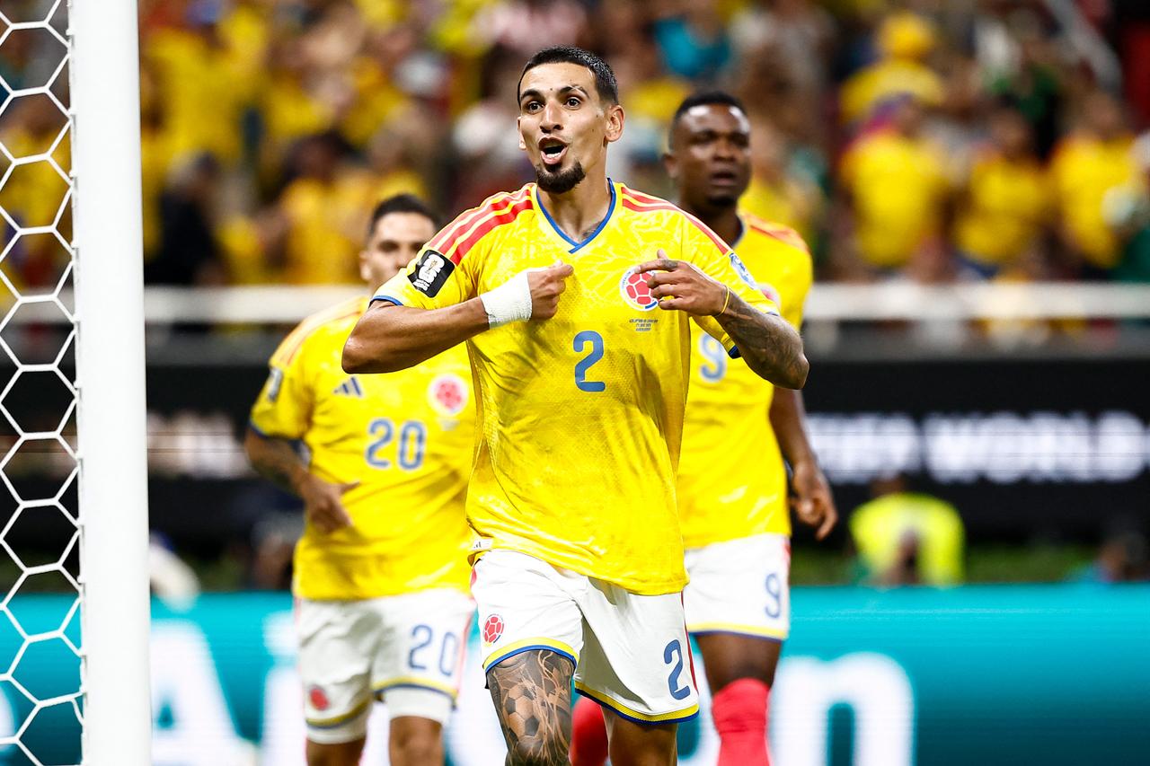 Colombia's defender #02 Daniel Munoz celebrates scoring his team's first goal during the 2026 World Cup Group K football match between Colombia and Democratic Republic of Congo at the Guadalajara Stadium in Zapopan, June 23, 2026.  (AFP Photo)