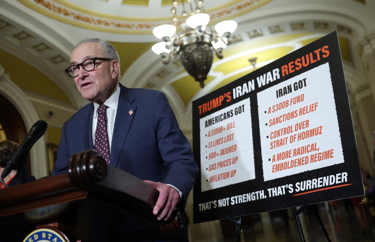 U.S. Senate Minority Leader Chuck Schumer (D-NY) speaks to reporters after the weekly Senate policy luncheons at the U.S. Capitol in Washington, DC, June 23, 2026. (AFP Photo)