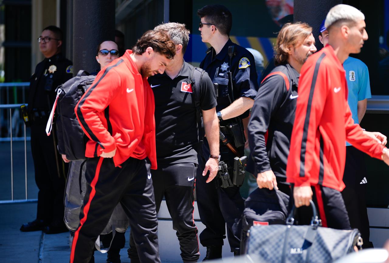 Türkiye's Mert Muldur (L) and Orkun Kokcu arrive at the team hotel in San Jose, California, United States, June 17, 2026. (AA Photo)