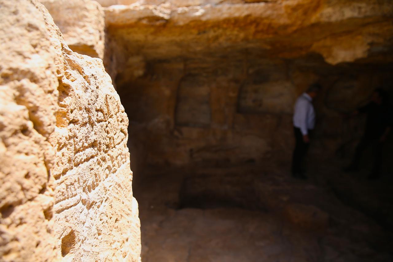 Professor Mehmet Sait Toprak points to the newly deciphered inscription at the entrance of the Mithras Temple in Zerzevan Castle, Diyarbakir, southeastern Türkiye. (AA Photo)