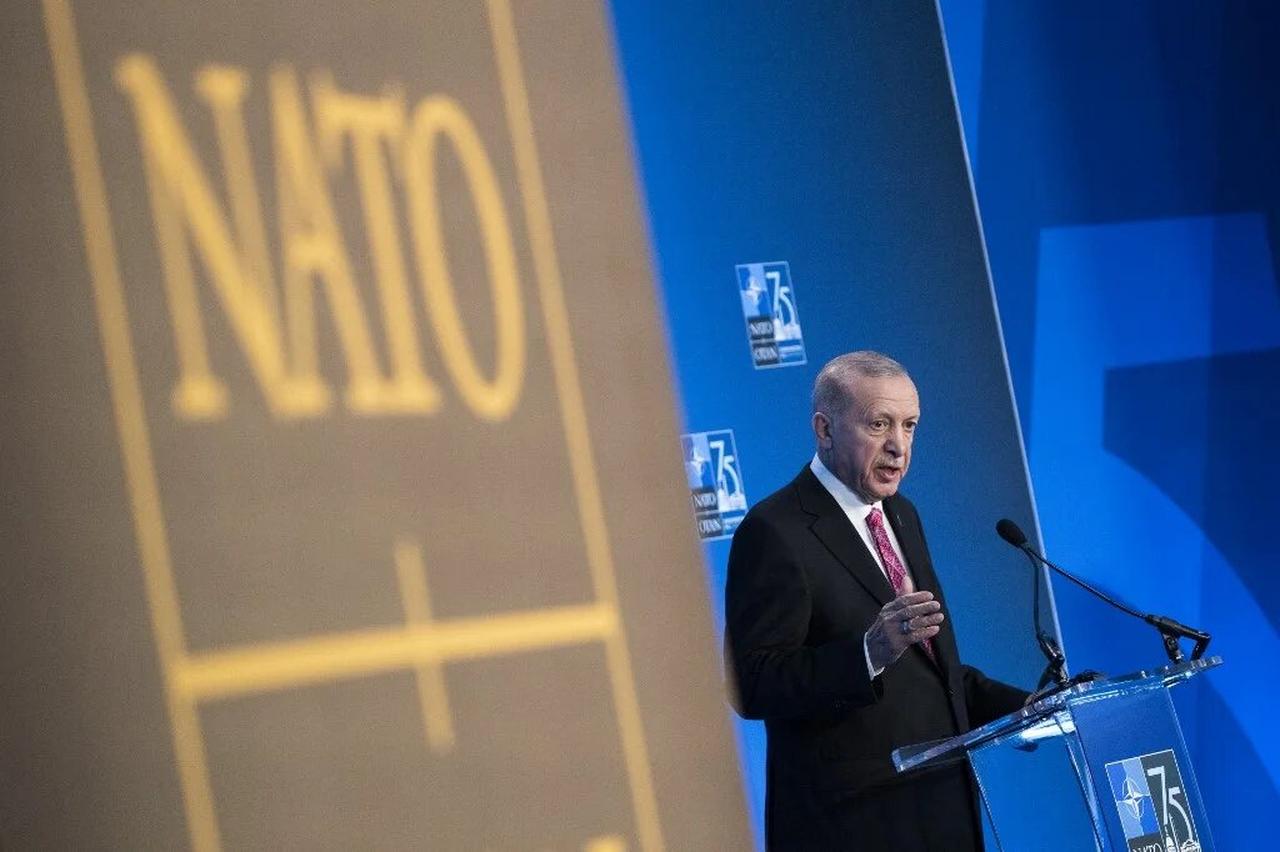 President Recep Tayyip Erdogan speaks on the sidelines of the Nato 75th anniversary summit in Washington, DC on 11 July 2024. (AFP Photo)