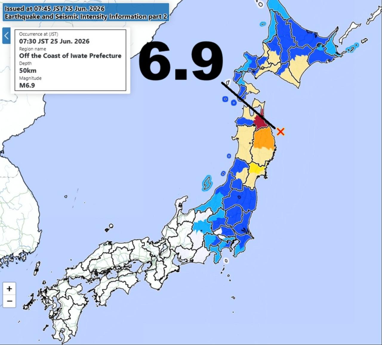 In northern Japan, precisely at the location where the risk probability was estimated at 90%, an earthquake of magnitude 6.9 occurred. Please refer to the prediction map. (Image via X/@earthquakejapan)
