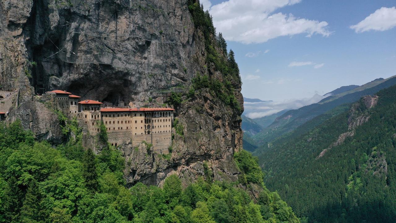 An aerial view of Sumela Monastery, a historical Greek-Orthodox monastery carved into the Pontic Mountains in the Roman Imperial Period, during spring season in Trabzon, Türkiye, May 30, 2024. (AA Photo)