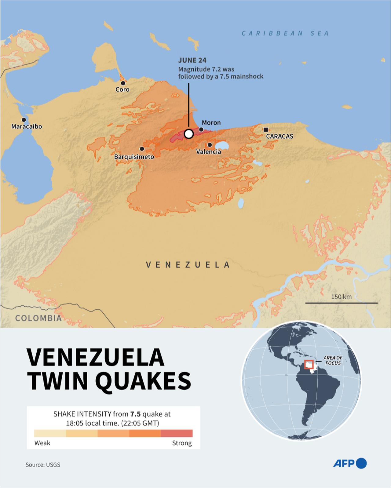 An infographic map showing the shake intensity after two earthquakes of magnitude 7.2 and 7.5 struck the same area of Venezuela. (AFP Infographic)
