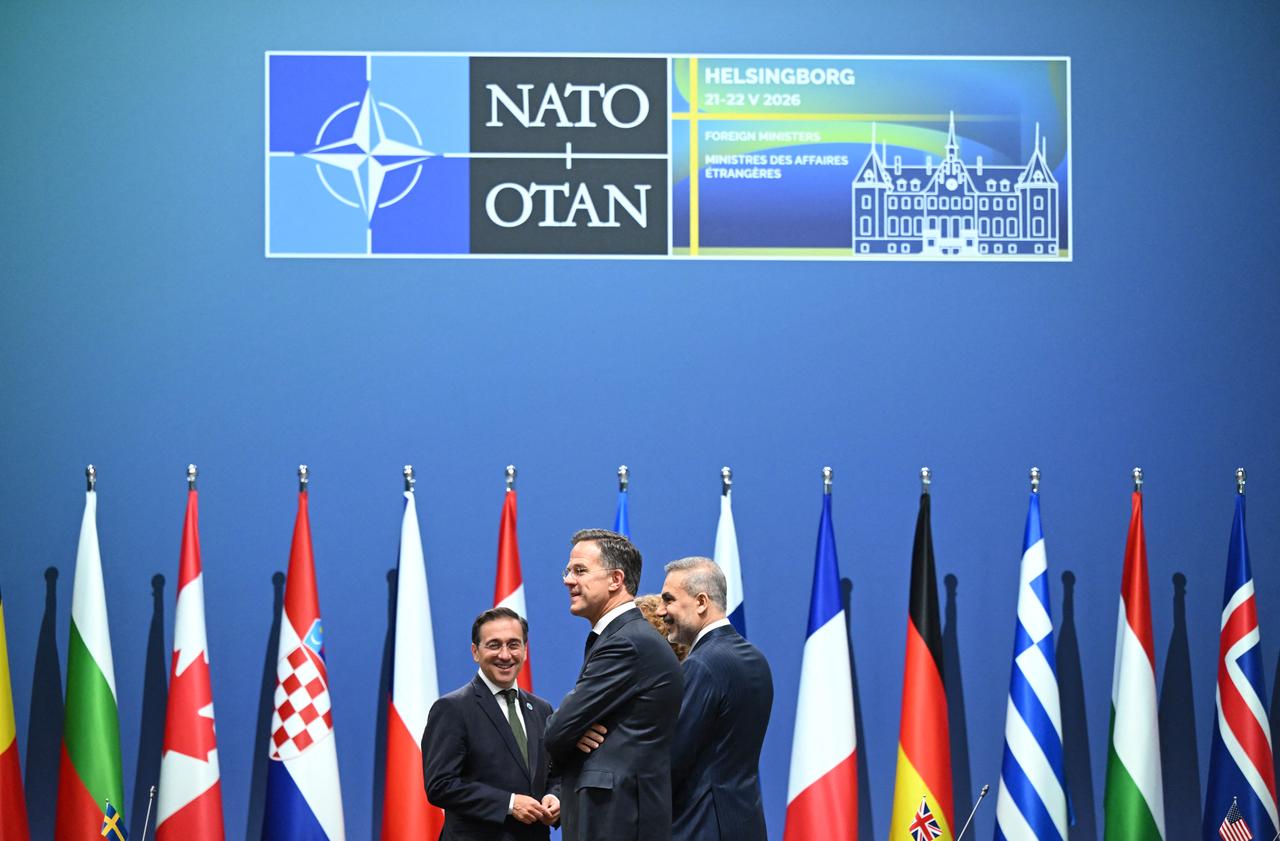 Spain's Foreign Minister Jose Manuel Albares Bueno, NATO Secretary General Mark Rutte, and Turkish Foreign Minister Hakan Fidan at the NATO Foreign Ministers' meeting in Helsingborg, Sweden, May 22, 2026. (AFP Photo)