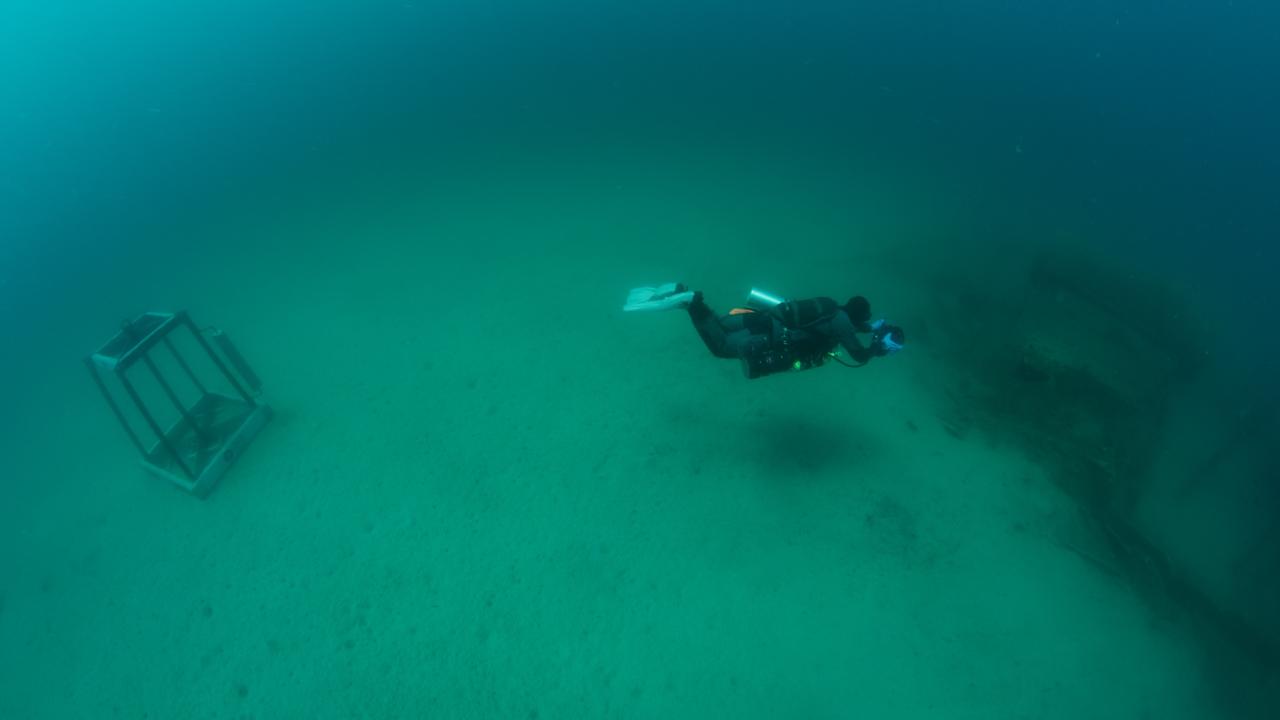 A free diver swims above a historic shipwreck in the Canakkale Strait during an event introducing the Deep Heritage Project. (AA Photo)