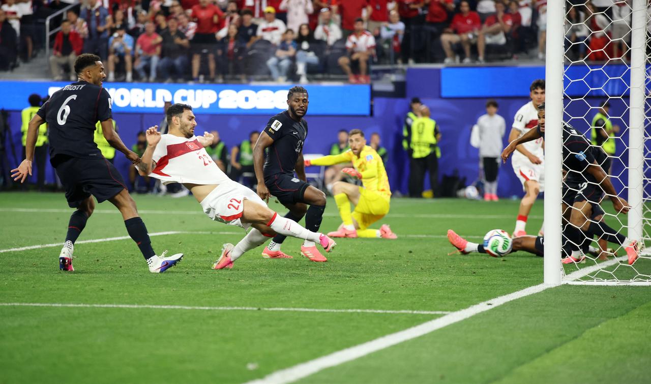 Kaan Ayhan #22 of Türkiye scores his team's third goal during the FIFA World Cup 2026 Group D match between Türkiye and USA at Los Angeles Stadium on June 25, 2026 in Inglewood, California. (AFP Photo)