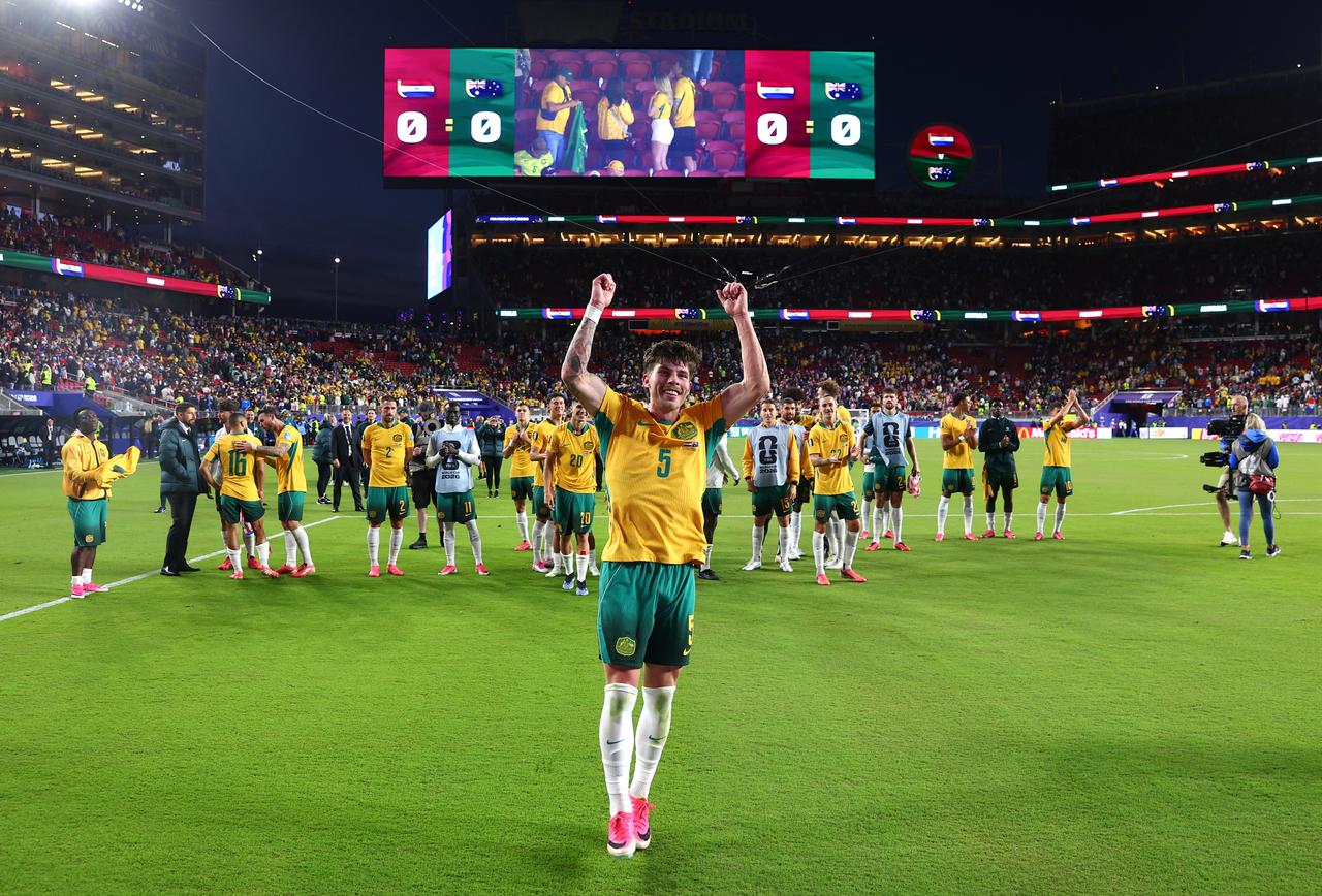 Jordan Bos #5 of Australia celebrates after a 0-0 draw during the FIFA World Cup 2026 Group D match between Paraguay and Australia at San Francisco Bay Area Stadium in Santa Clara, California,  June 25, 2026. (AFP Photo)