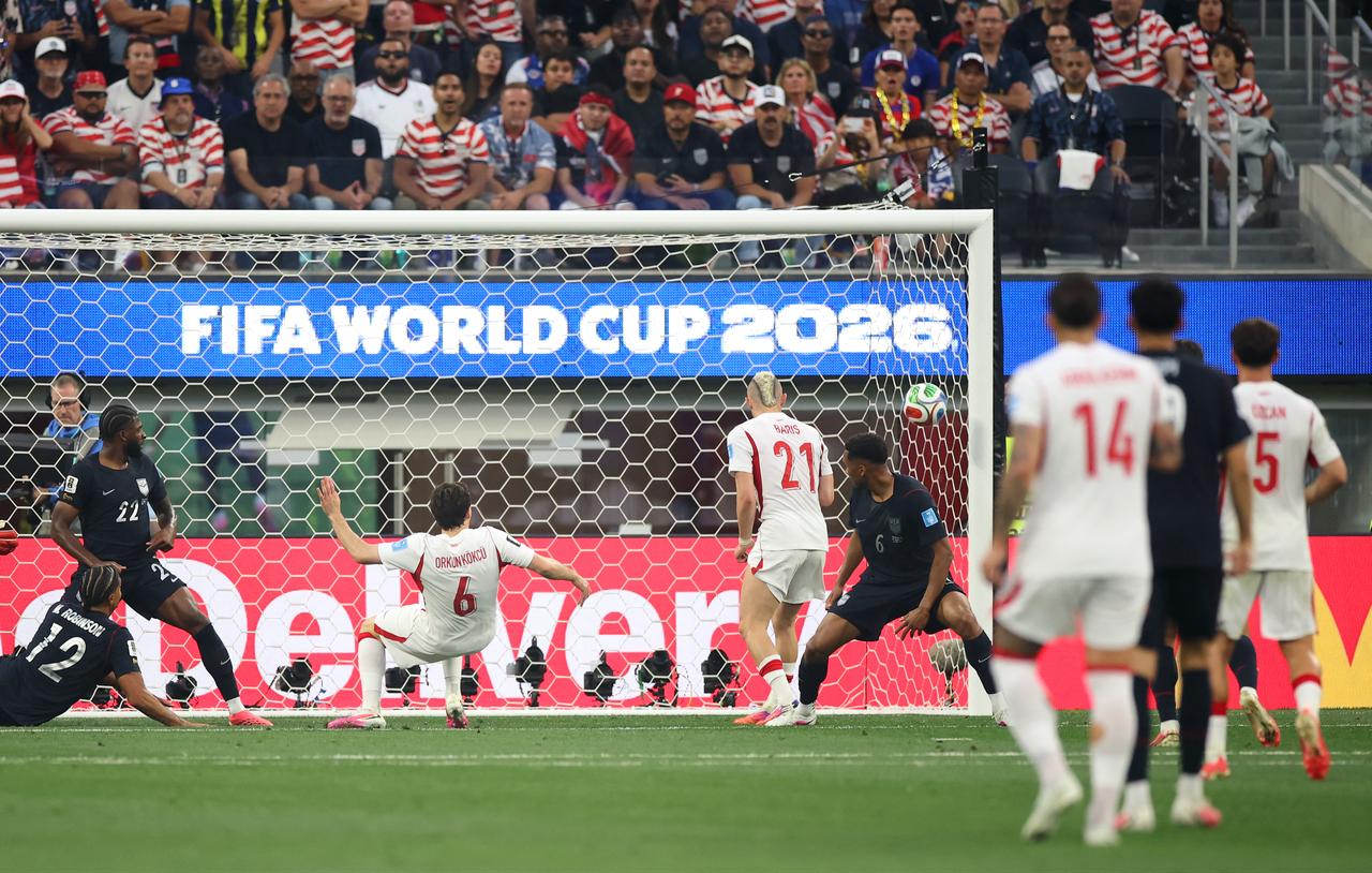 Orkun Kokcu #6 of Turkiye scores his team's second goal during the FIFA World Cup 2026 Group D match between Türkiye and USA at Los Angeles Stadium on June 25, 2026 in Inglewood, California. (AFP Photo)