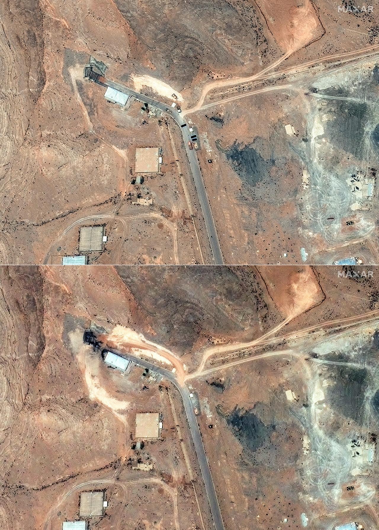 This combination of handout satellite pictures created on June 24, 2025 shows tunnel entrances at Isfahan nuclear enrichment facility in central Iran on June 20, 2025 (top) and airstrike damage on tunnel entrances at Isfahan nuclear enrichment facility in central Iran on June 22, 2025 (bottom). (Photo by Satellite image ©2025 Maxar Technologies/AFP)