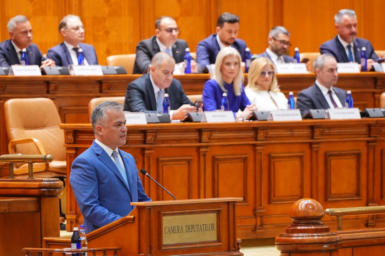 Designated Prime Minister Adrian Vestea addresses the Romanian Parliament in Bucharest, June 22, 2026, as the parliament holds a joint session of the Chamber of Deputies and the Senate for a vote of confidence to invest the new Vestea Government. (AFP Photo)