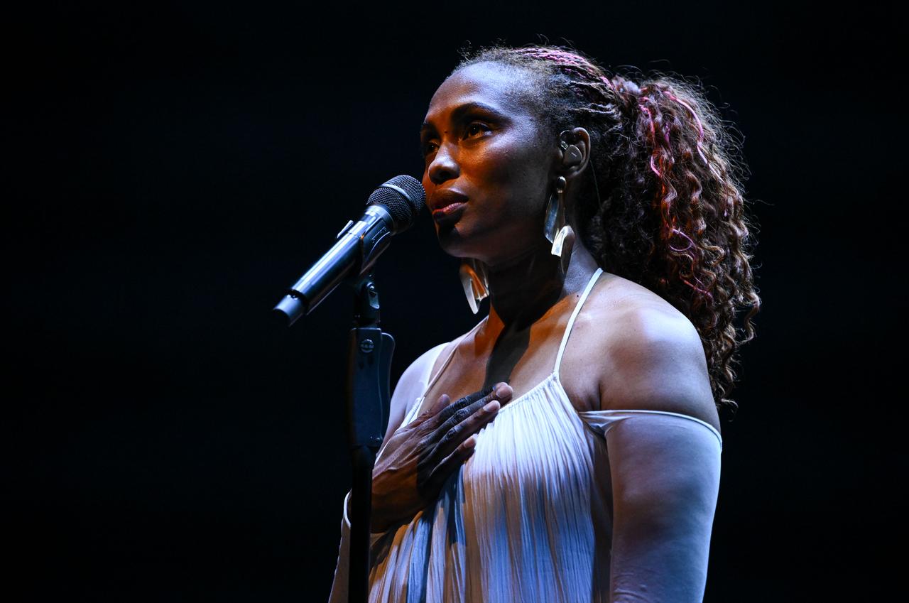 Soul singer Imany performs on stage during her "Women Deserve Rage" European tour at the Harbiye Cemil Topuzlu Open Air Theatre in Istanbul, Türkiye, June 25, 2026. (AA Photo)