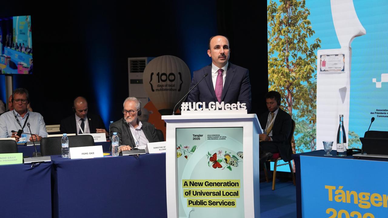 Konya Metropolitan Mayor Ugur Ibrahim Altay speaks at the UCLG Congress 2026 in Tangier, Morocco. (Photo via Konya Metropolitan Municipality)