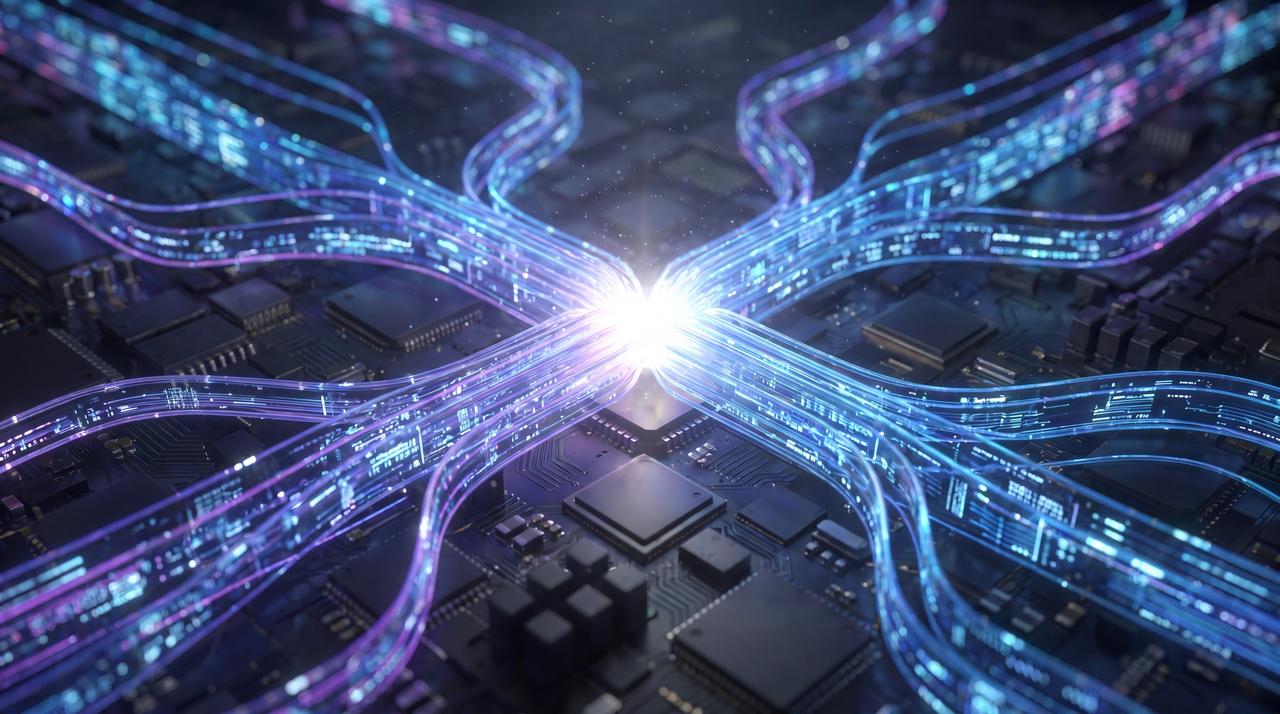 Digital data streams converge over a computer circuit board. (Adobe Stock Photo)