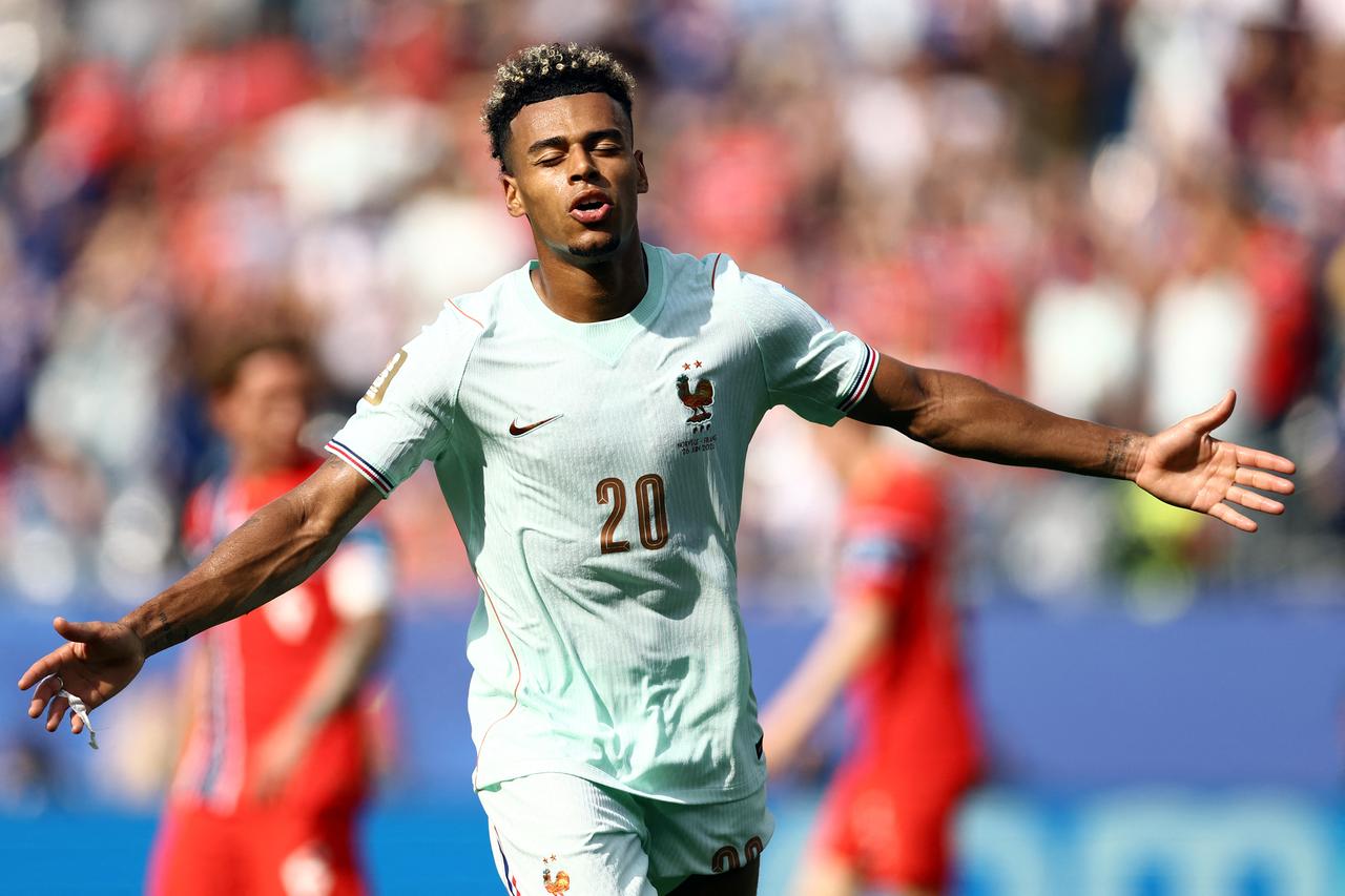 France's forward #20 Desire Doue celebrates scoring his team's fourth goal during the 2026 World Cup Group I football match between Norway and France at the Boston Stadium in Foxborough, June 26, 2026. (AFP Photo)