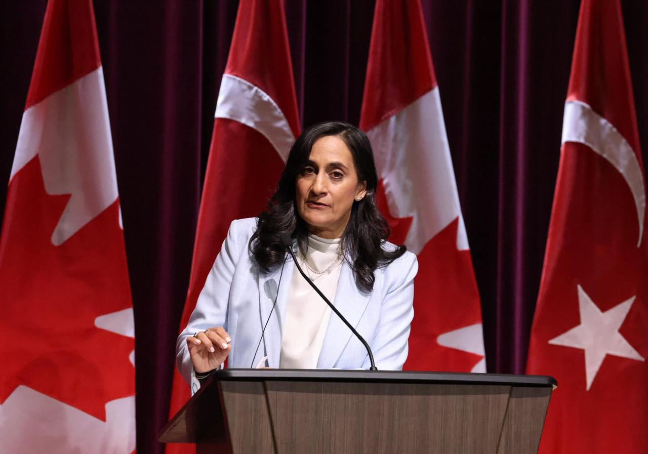 Turkish Foreign Minister Hakan Fidan (not seen) and Canadian Foreign Minister Anita Anand hold a joint press conference, in Ottawa, Canada,June 26, 2026. (AA Photo)