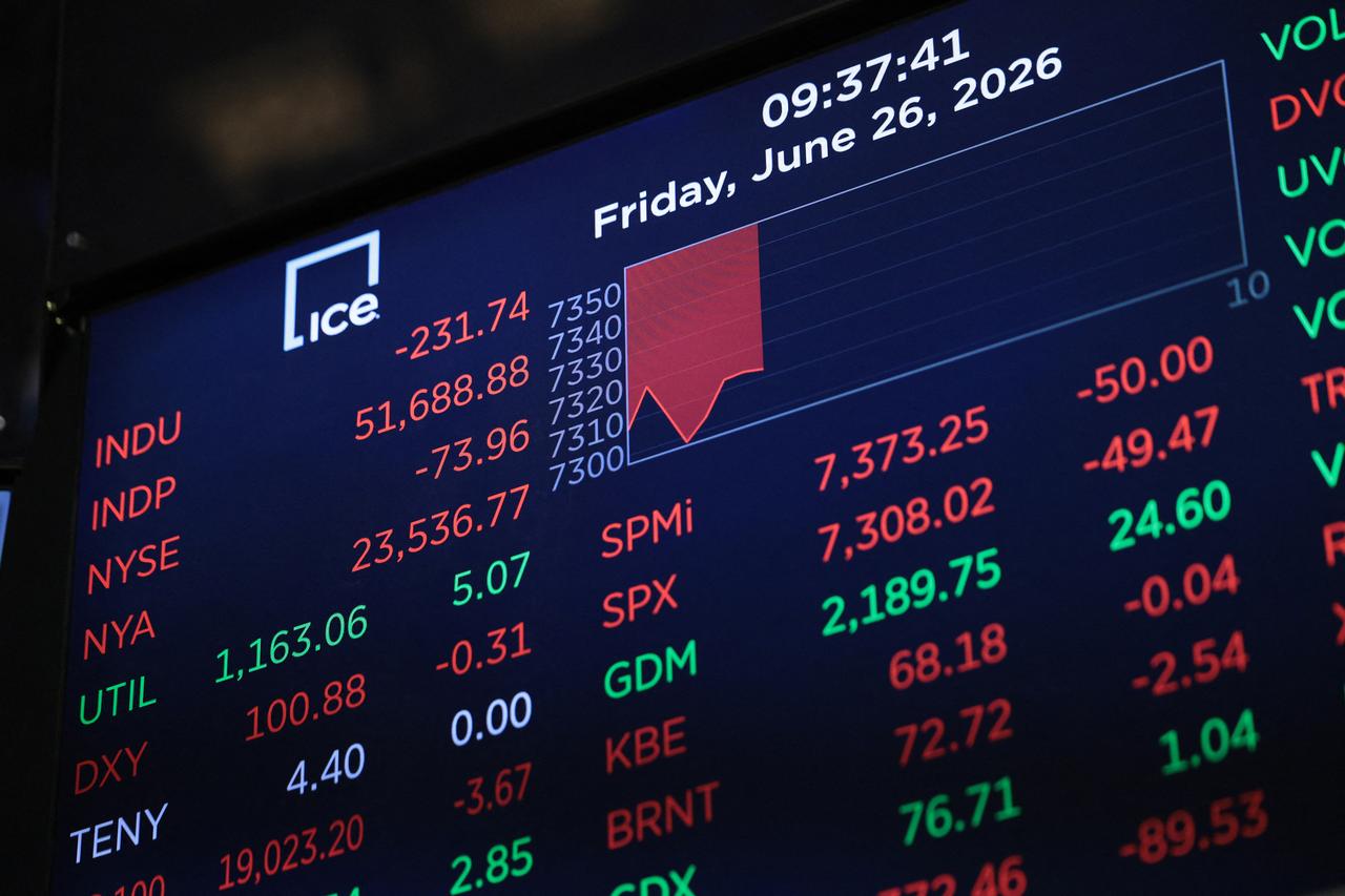 Stock market numbers are displayed at the New York Stock Exchange during morning trading in New York City on June 26, 2026. (AFP Photo)