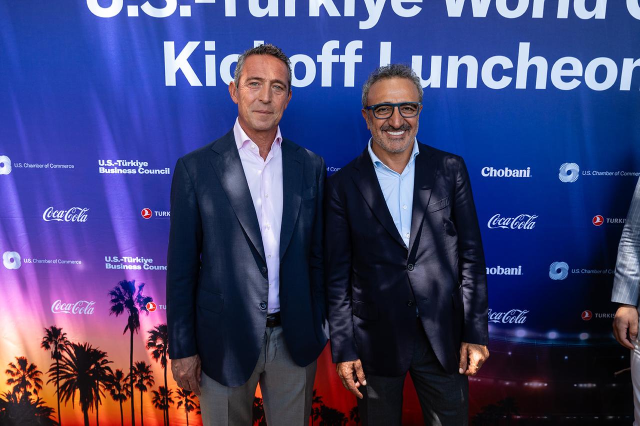 Former Fenerbahce chairman and Koc Holding Vice Chair Ali Koc (left) and Chobani founder and CEO Hamdi Ulukaya pose for a photo at the U.S.-Türkiye World Cup Kickoff Luncheon in Los Angeles, June 25, 2026. (Courtesy of the U.S.-Türkiye Business Council)