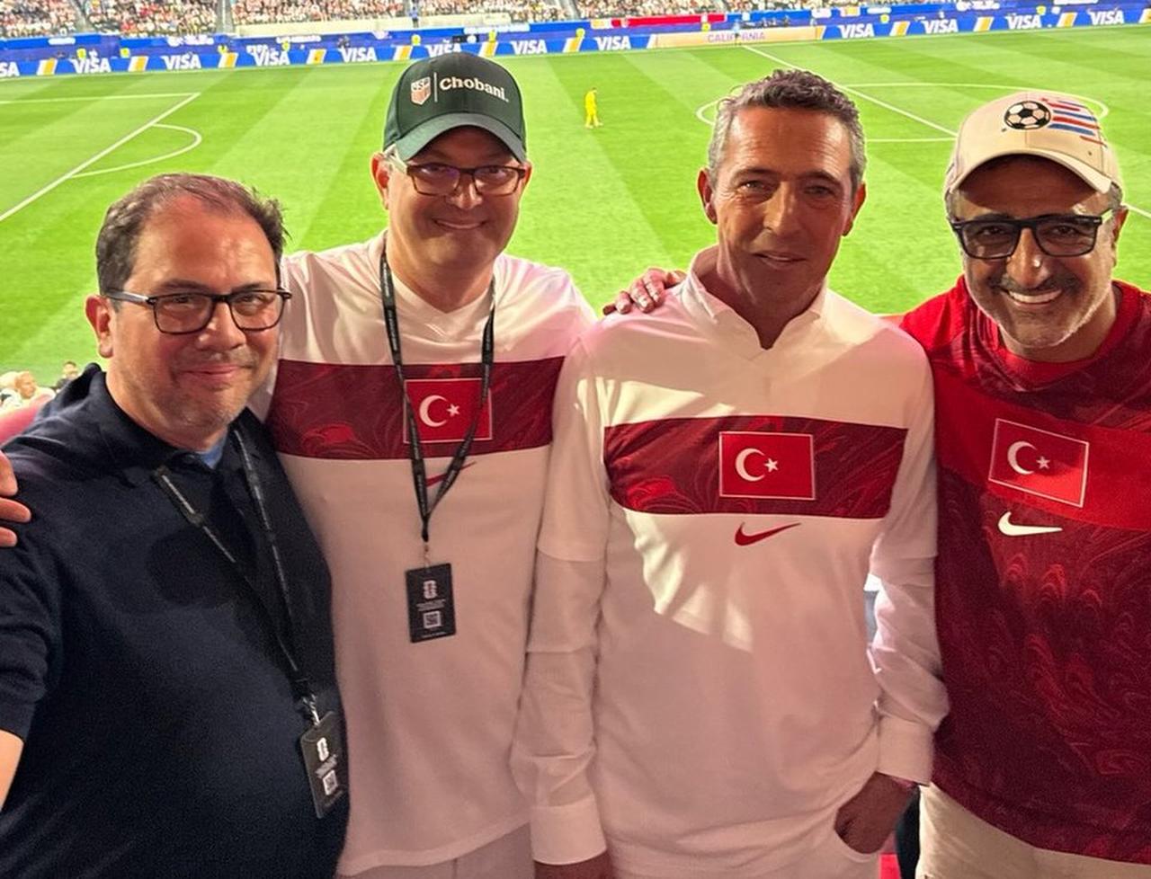 Former Fenerbahce chairman and Koc Holding Vice Chair Ali Koc (second right) and Chobani founder and CEO Hamdi Ulukaya (right) pose for a photo at SoFi Stadium during the United States-Türkiye FIFA World Cup Group D match in Inglewood, California, June 26, 2026. (Courtesy of the U.S.-Türkiye Business Council)