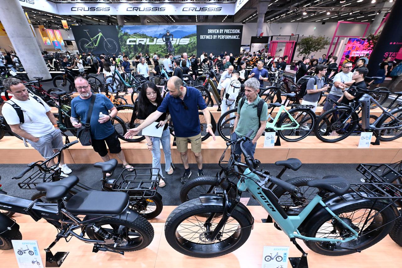 Electric bikes are on display at the booth of Totem Bikes at the EUROBIKE 2026 fair of the international bicycle industry in Frankfurt am Main, western Germany, June 24, 2026. (AFP Photo)