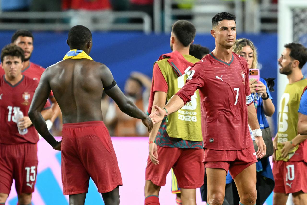 Portugal's forward #07 Cristiano Ronaldo gestures after the 2026 World Cup Group K football match between Colombia and Portugal at the Miami Stadium in Miami Gardens, June 27, 2026. (AFP Photo)