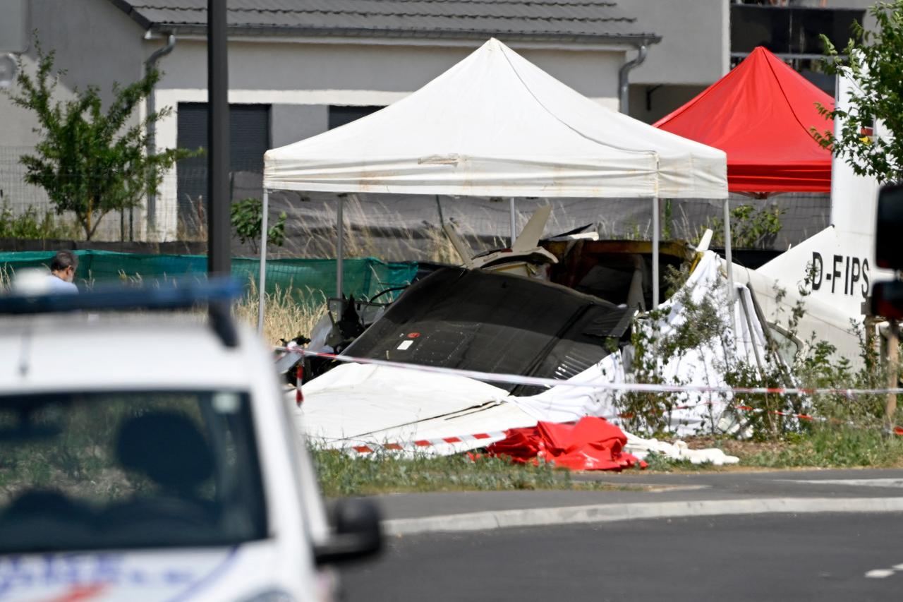 This photograph shows the wreckage of a Pilatus PC-6 light aircraft after it crashed at Tomblaine, on the outskirts of Nancy, eastern France, June 28, 2026. (AFP Photo)