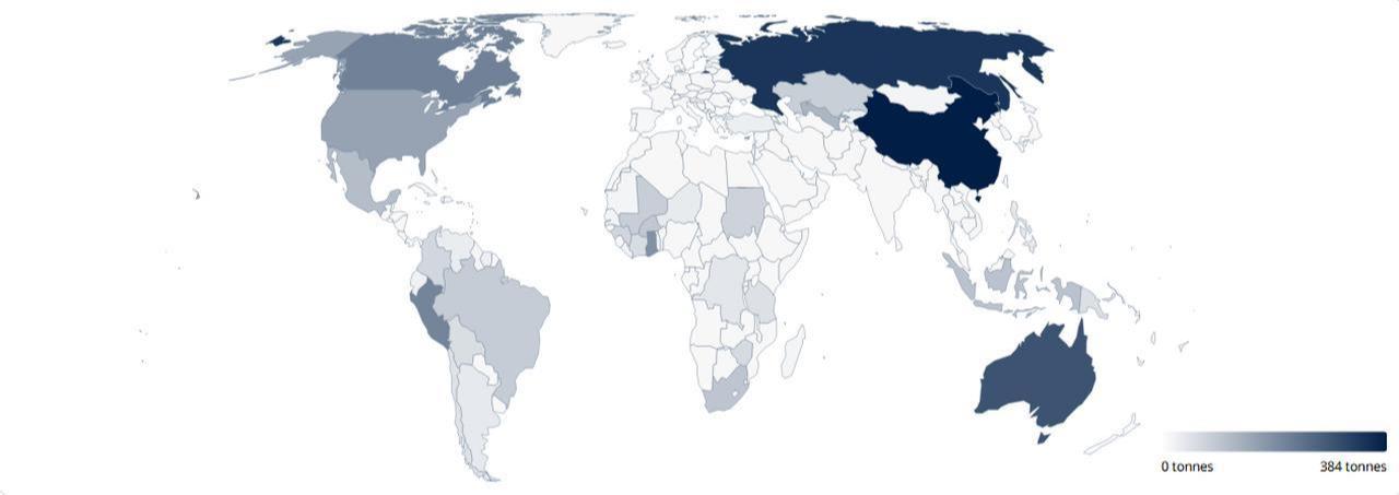 Map shows gold mine production by country in 2025. (Image via WGC)