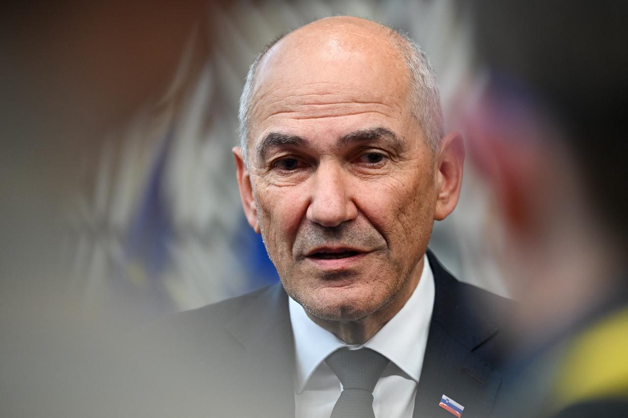 Slovenia's Prime Minister Janez Jansa speaks during the final press conference as part of the EU Summit at the EU headquarters in Brussels, on June 19, 2026. (AFP Photo)