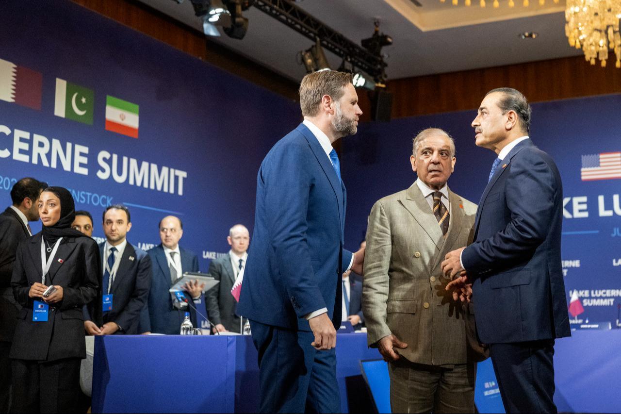 US Vice President JD Vance (L), Pakistan's Prime Minister Shehbaz Sharif (C) and Qatar's Prime Minister and Minister for Foreign Affairs Sheikh Mohammed bin Abdulrahman bin Jassim Al Thani speak during a quadrilateral meeting between the US, Iran, Pakistan and Qatar at the Burgenstock luxury hotel complex near Lake Lucerne, Switzerland, on June 21, 2026. (AFP Photo)