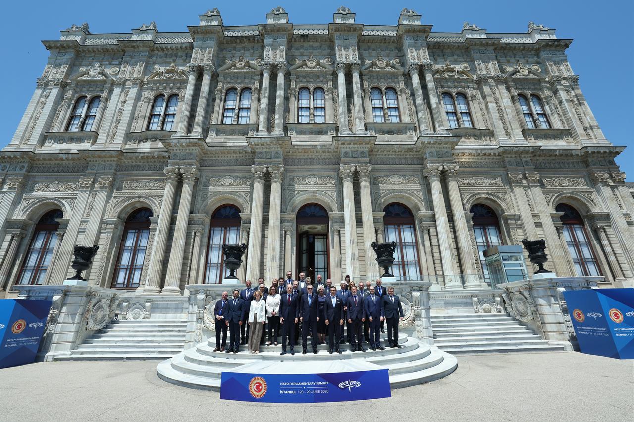 Turkish President Recep Tayyip Erdogan poses for a group photo as he attends a luncheon hosted in honor of NATO Parliamentary Speakers at the Dolmabahce Palace in Istanbul, Türkiye, June 29, 2026. (AA Photo)