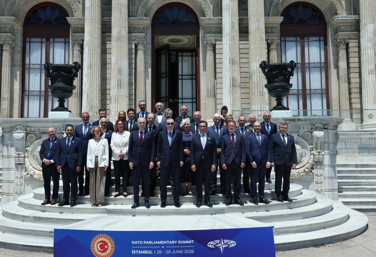 President Recep Tayyip Erdogan poses for a group photo as he attends a luncheon hosted in honor of NATO Parliamentary Speakers at the Dolmabahce Palace in Istanbul, Türkiye, June 29, 2026. (Photo via Turkish Presidency/Mustafa Kamaci)