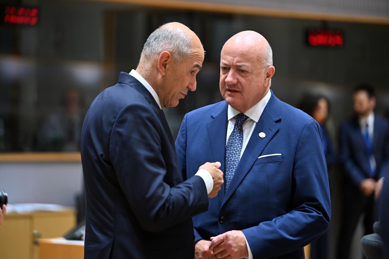 Chancellor of Austria Christian Stocker (R) and Prime Minister of Slovenia Janez Jansa (L) attend the EU Leaders' Summit in Brussels, Belgium on June 18, 2026. (AA Photo)