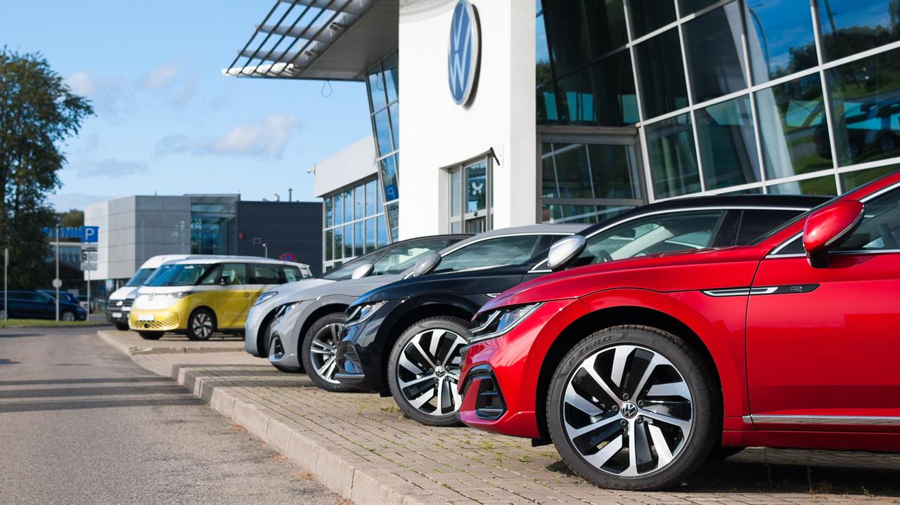 New Volkswagen vehicles are displayed outside a dealership in Riga, Latvia, Sep. 24, 2023. (Adobe Stock Photo)