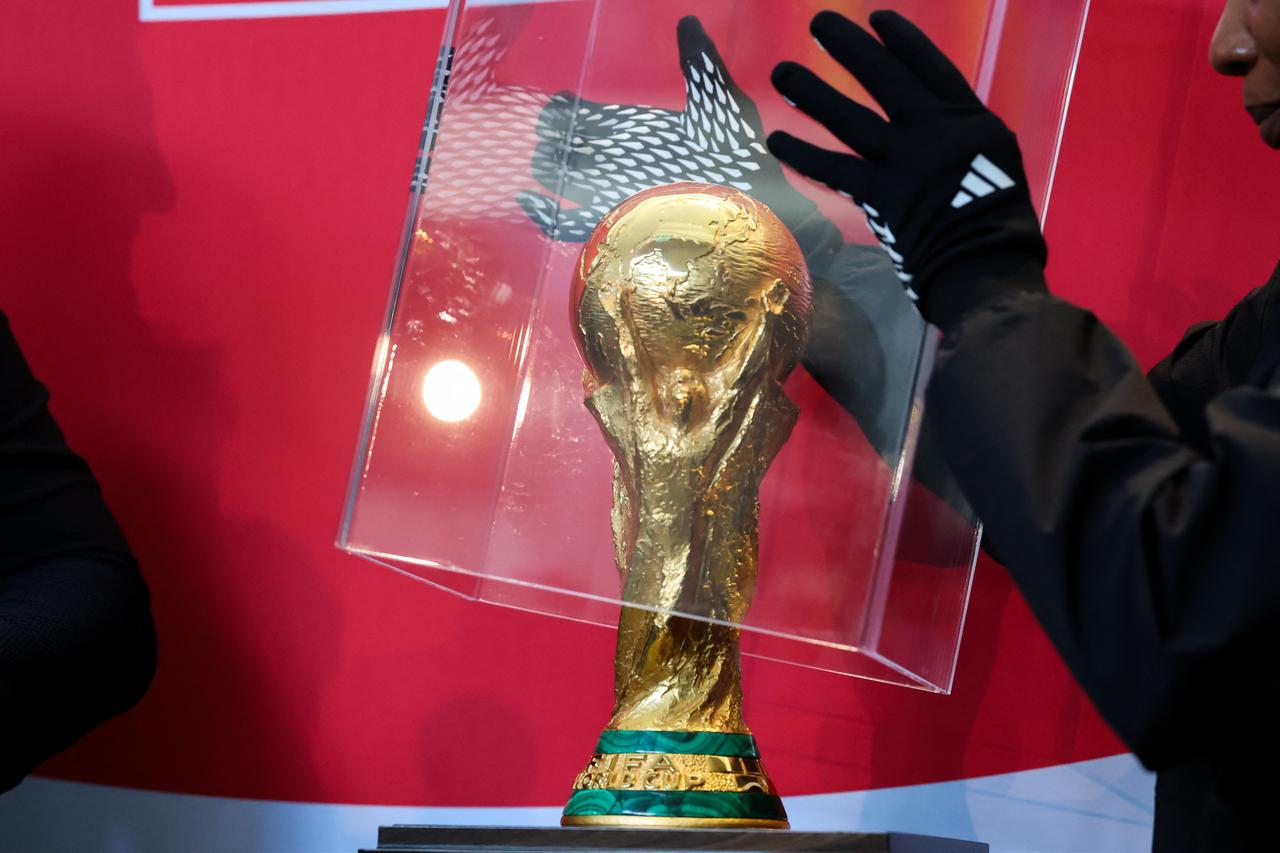 The FIFA World Cup trophy is displayed during a stop of the FIFA World Cup Trouphy Tour at the American Museum of Natural History in New York City, US, June 2, 2026. (AFP Photo)