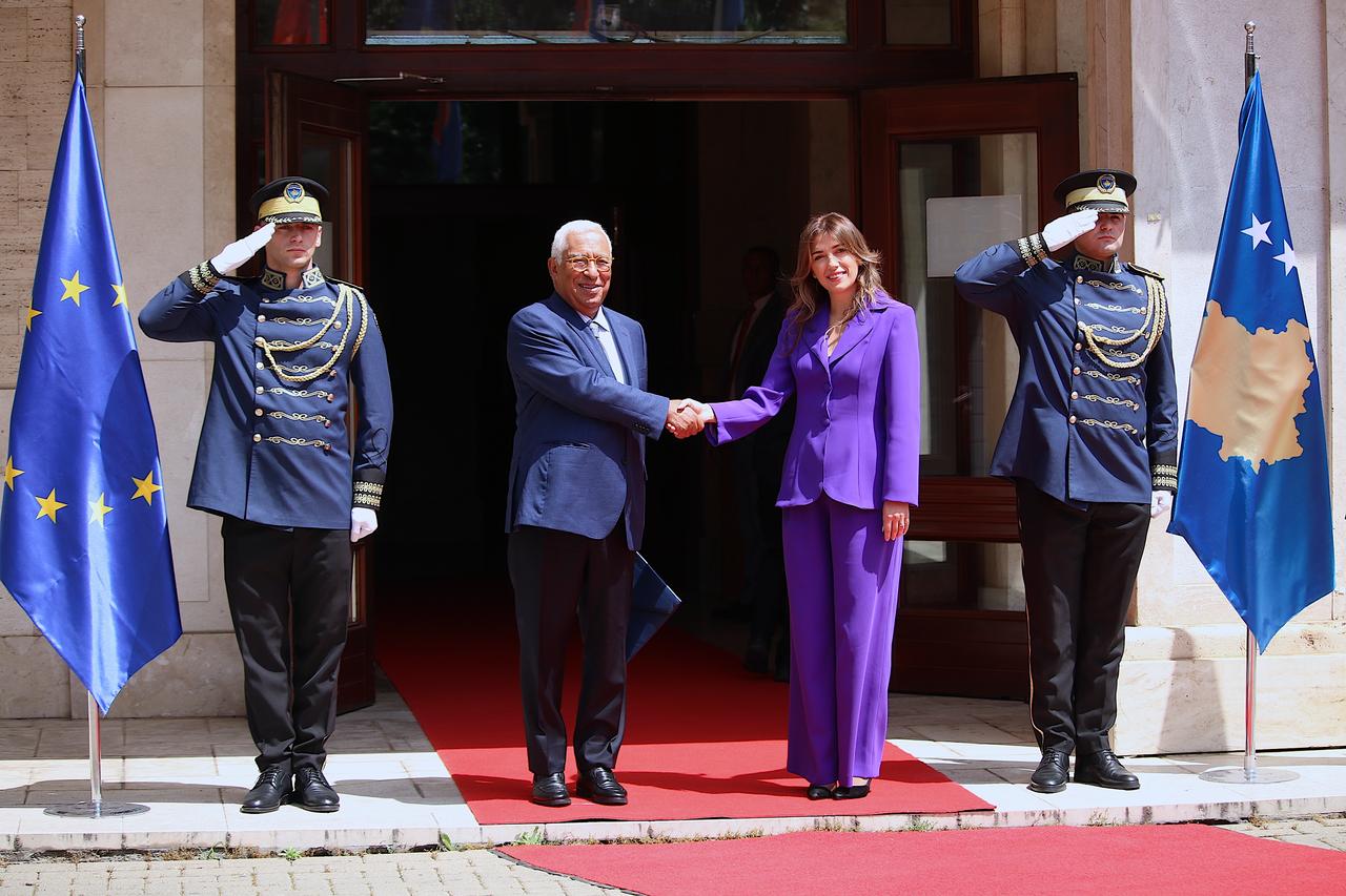 President of the European Council Antonio Costa (L) meets with Acting President of Kosovo and Speaker of the Assembly Albulena Haxhiu (R) in Pristina, Kosovo, during his Western Balkans tour on June 03, 2026.  (AA Photo)