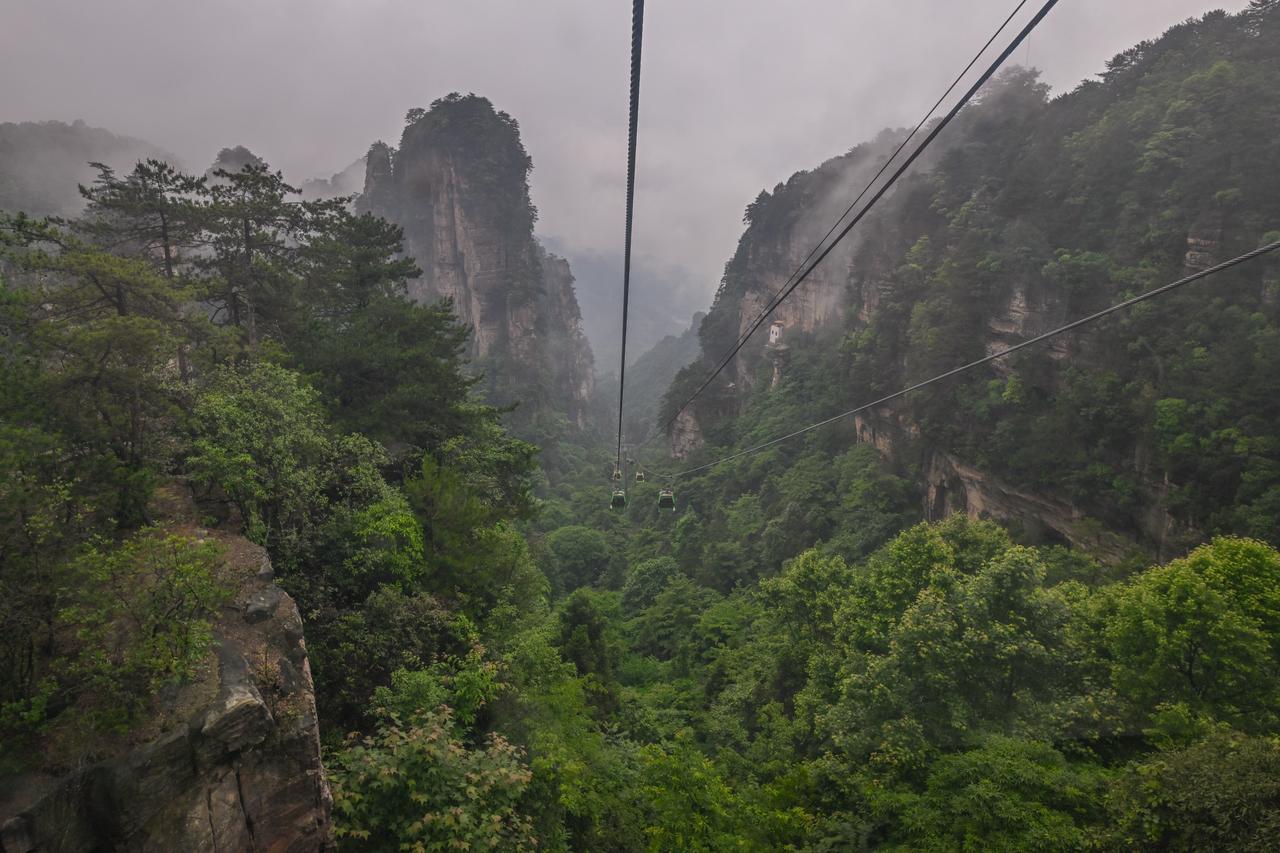 Ropeway lines descending into canyon surrounded by towering sandstone cliffs at the Yangjiajie Scenic Area within Zhangjiajie National Forest Park in Hunan Province, China, on June 2, 2026.(AA Photo)