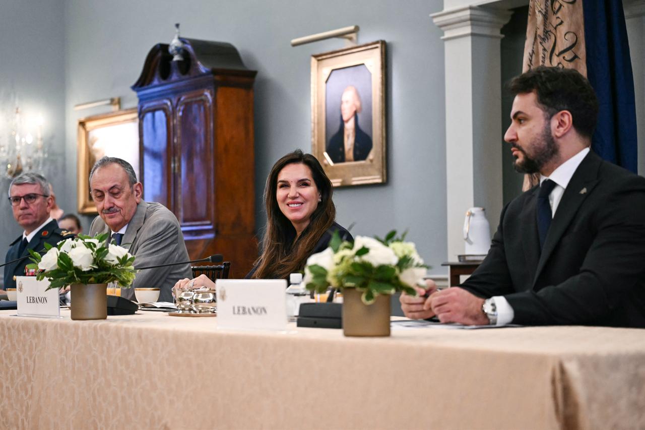 Nada Hamadeh (C), Lebanese Ambassador to the US, attends a meeting between Israeli and Lebanese delegations hosted by the US at the State Department in Washington, DC, June 2, 2026. (AFP Photo)