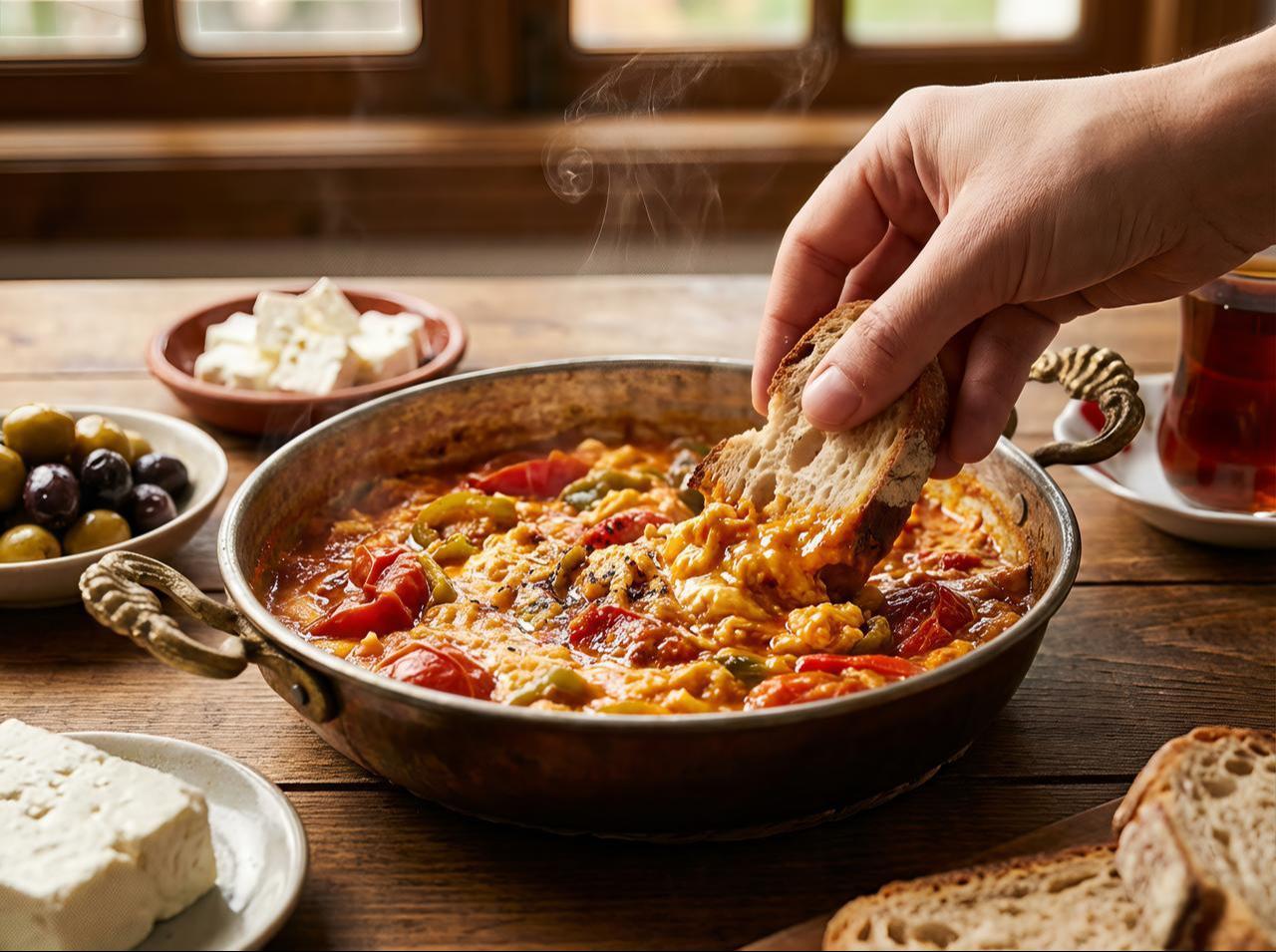 A steaming pan of menemen, served alongside olives and cheese, accessed on June 3, 2026. (Adobe Stock Photo)