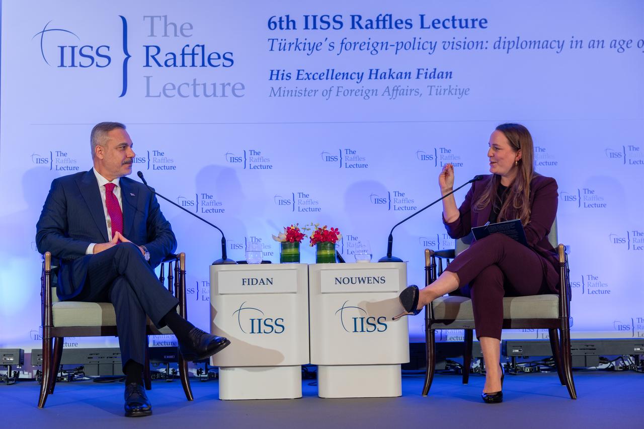 Turkish Foreign Minister Hakan Fidan delivers a speech during an event organized by the International Institute for Strategic Studies (IISS) as part of his visit to Singapore, June 2, 2026. (AA Photo)