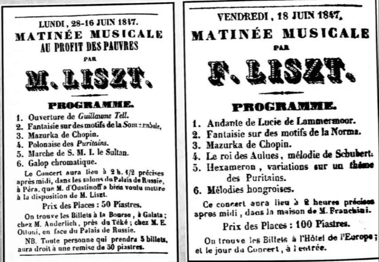 Concert programs for Franz Liszt’s musical matinées in Istanbul in June 1847, including a benefit performance for the poor. (Image via Le Petit Journal)