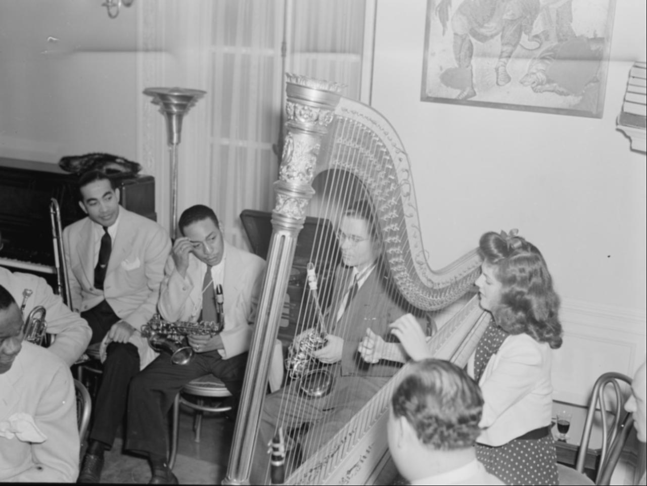 Lawrence Brown, Johnny Hodges and Adele Girard perform during a jazz gathering at the Turkish Embassy in Washington, D.C., U.S., 1930s. (Photo by William P. Gottlieb/Library of Congress)