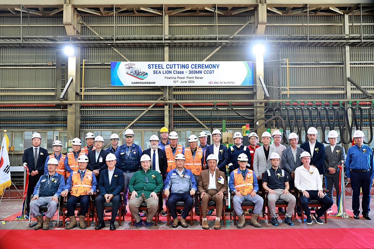 Executives from Karadeniz Holding and South Korean shipbuilder HSG Sungdong pose during the steel-cutting ceremony marking the start of construction for the first 300 MW Sea Lion-class Powership at HSG Sungdong's shipyard in South Korea, June 15, 2026. (Courtesy of Karadeniz Holding)