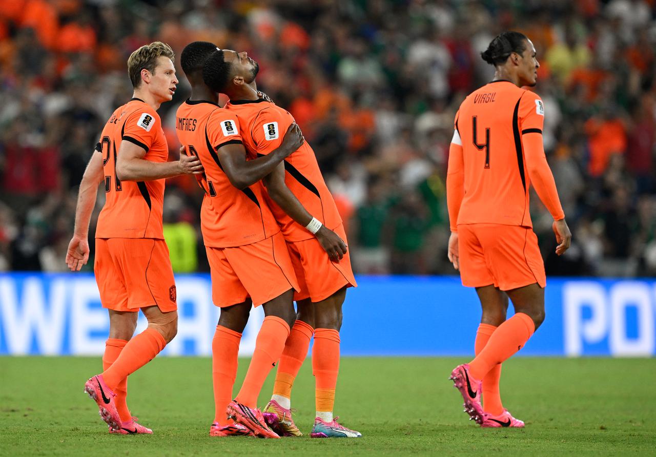 Netherlands' forward #11 Cody Gakpo (C) celebrates scoring his team's first goal with teammates during the 2026 World Cup match between the Netherlands and Morocco at the Monterrey Stadium in Guadalupe, Mexico, June 29, 2026. (AFP Photo)
