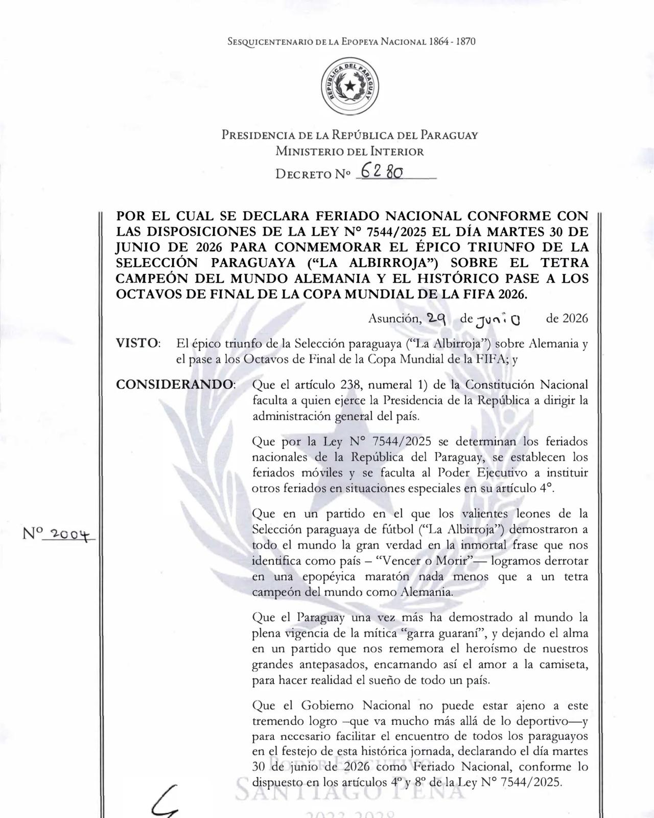 Paraguay’s presidential decree declaring June 30, 2026, a national holiday to celebrate the national team’s World Cup victory over Germany and qualification for the last 16. (Photo via Presidency of Paraguay)