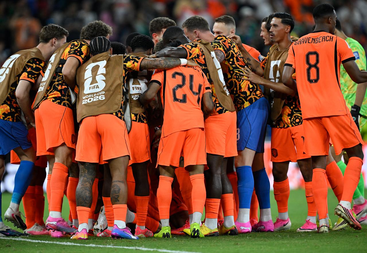 Netherlands players celebrate after forward #11 Cody Gakpo scores the team’s first goal during the 2026 World Cup round of 32 football match between the Netherlands and Morocco at the Monterrey Stadium in Guadalupe, June 29, 2026. (AFP Photo)