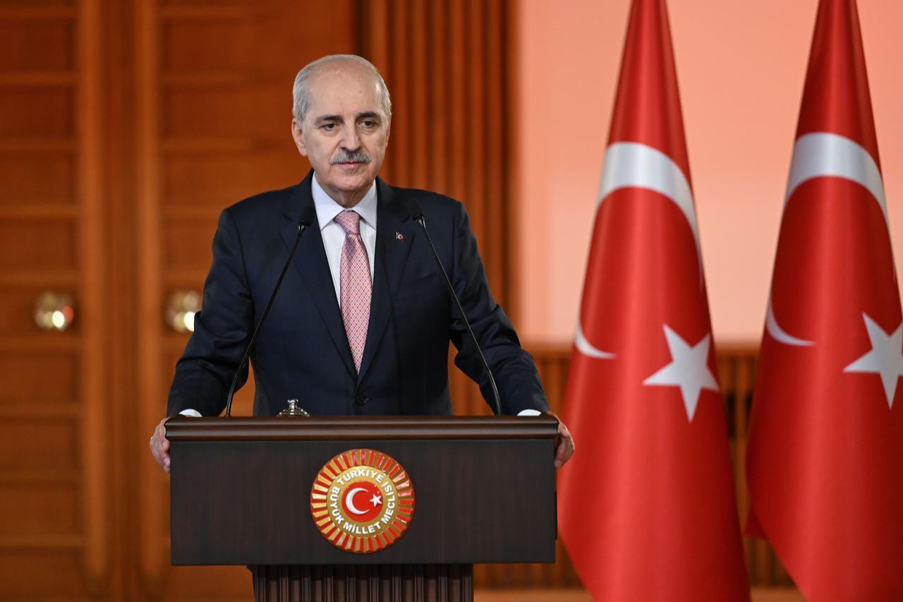 Turkish Parliament Speaker Numan Kurtulmus makes a speech as he holds a joint press conference with Norwegian Parliament Speaker Masud Gharahkhani (not seen) in Ankara, June 30, 2026. (AA Photo)