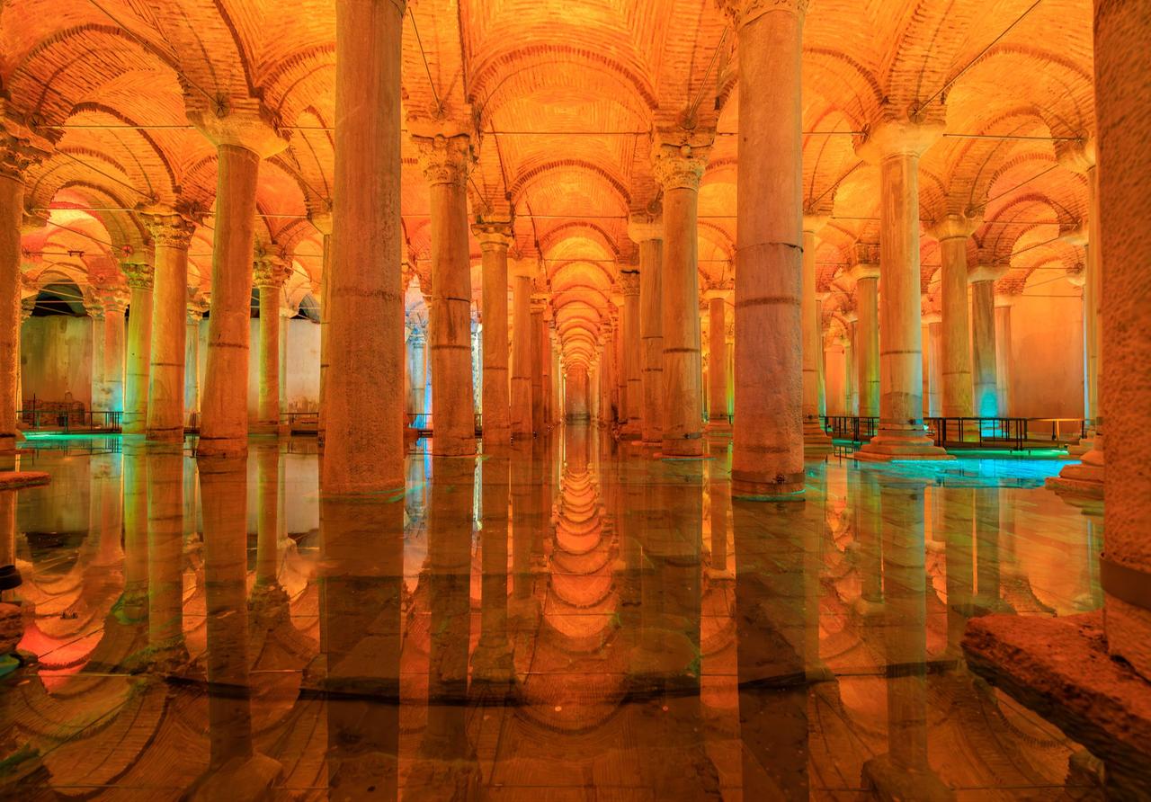 Roman columns inside Basilica Cistern or Yerebatan Sarayi, ancient underground water storage or reservoir, Istanbul, Türkiye, Nov. 23, 2023. (Adobe Stock Photo)