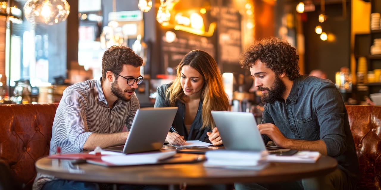 Three friends sitting at a coffee shop, discussing ideas over laptops and notebooks. (Photo via Adobe Stock)