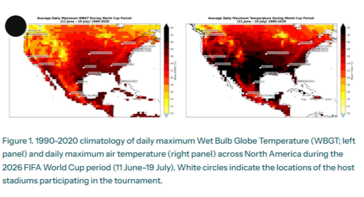 Climatology maps showing peak daily temperatures and WBGT heat stress levels across the 2026 FIFA World Cup host venues.(Photo via World Weather Attribution)