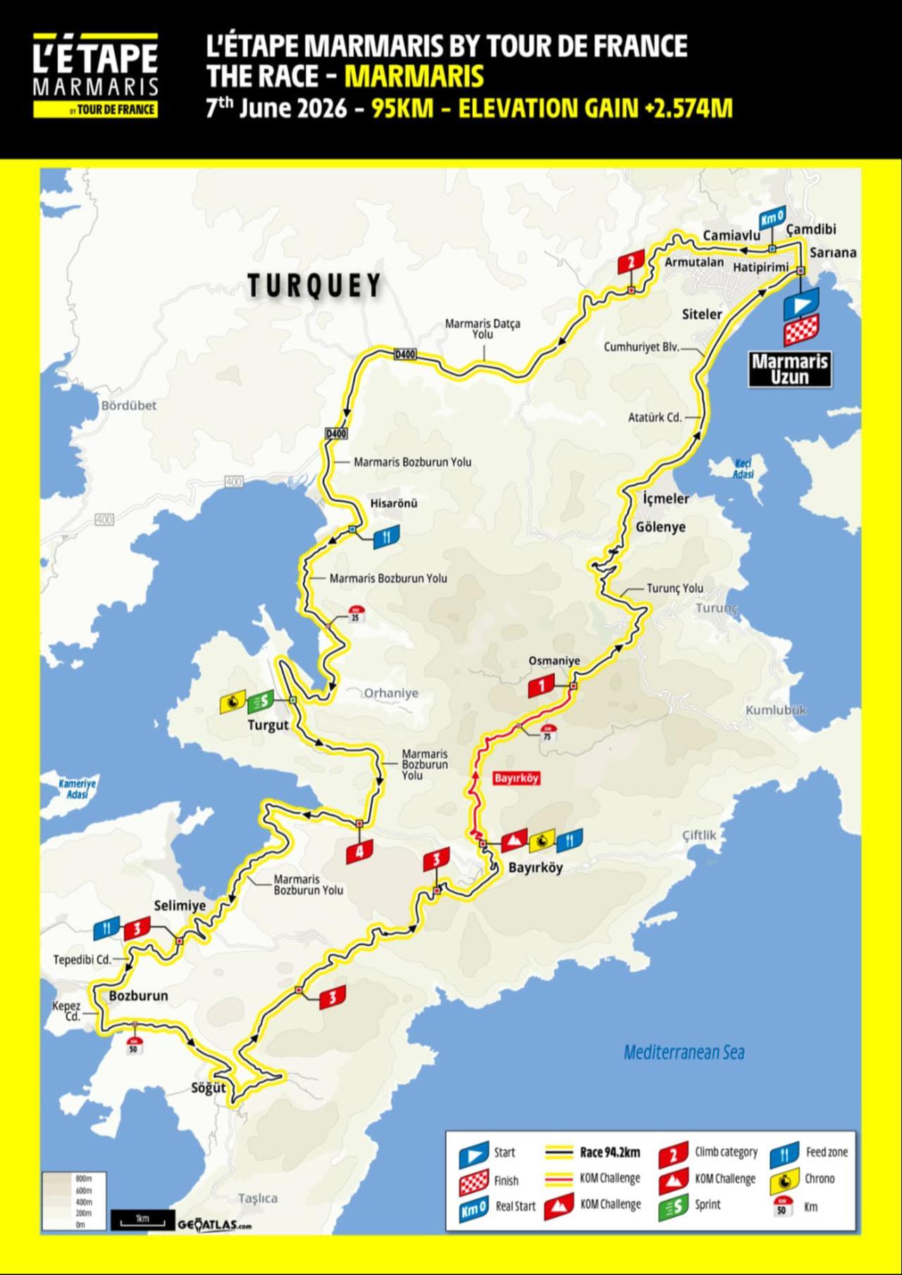 The official race map of the 95 km long course, highlighting elevation gains, categorized climbs, sprint points, and feed zones along the Marmaris route. (Mapping via L’Etape Marmaris)